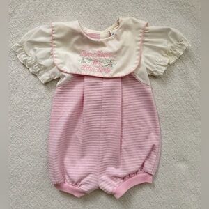 Alexis USA Vintage Striped Bubble Romper with Embroidered Bib and Puff Sleeves
